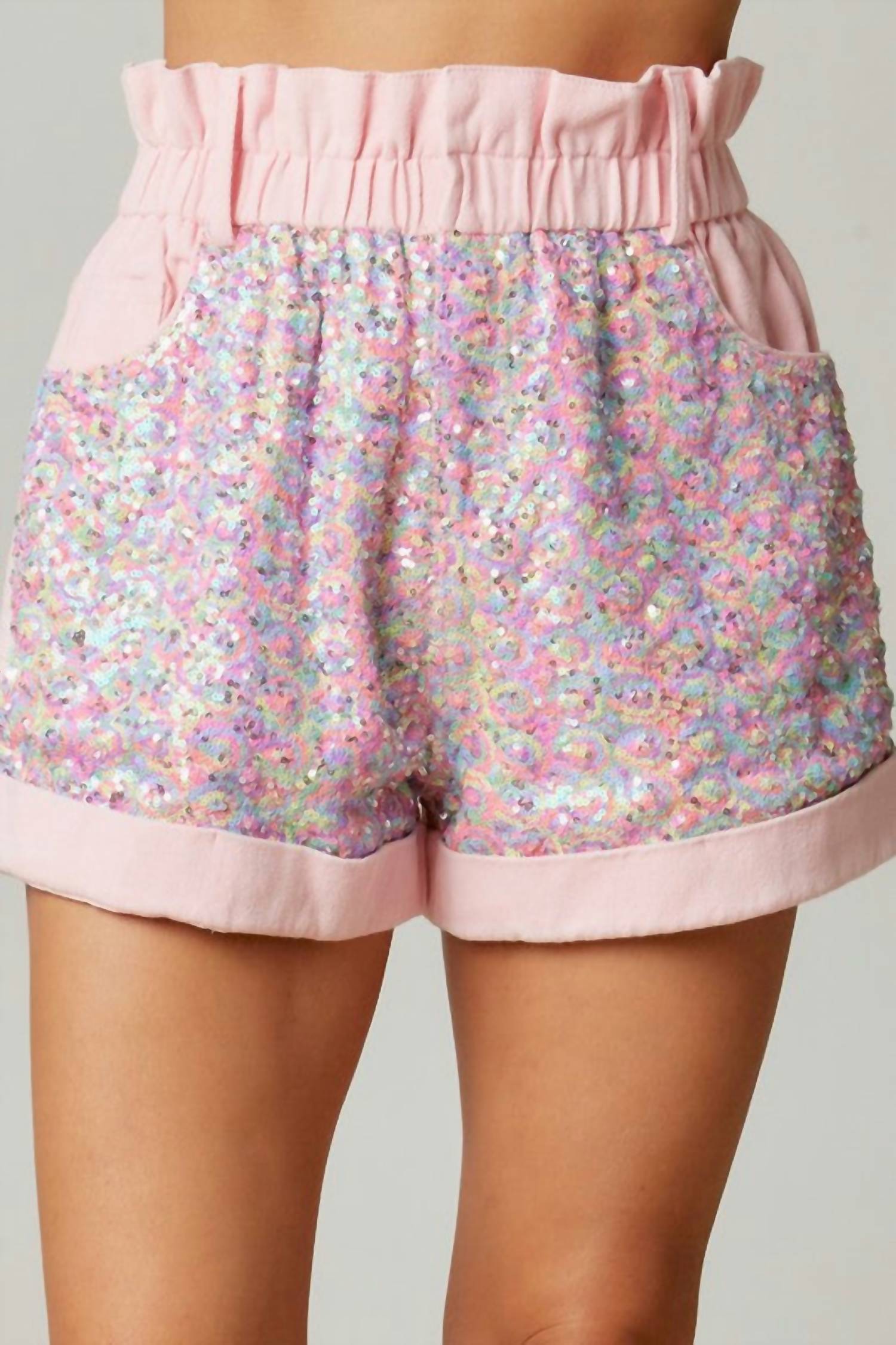 FANTASTIC FAWN Women's Sequin Color Block Paper Bag Denim Short in pink - women's shorts - alternate view