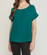 entro Short Sleeve Scoop Neck Top in hunter green - women's t-shirt - detail view