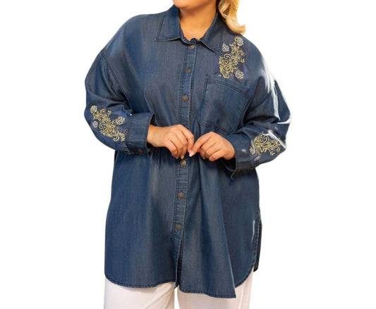 On The Plus Side - Embroidered Long Sleeve Oversize Tunic - Plus