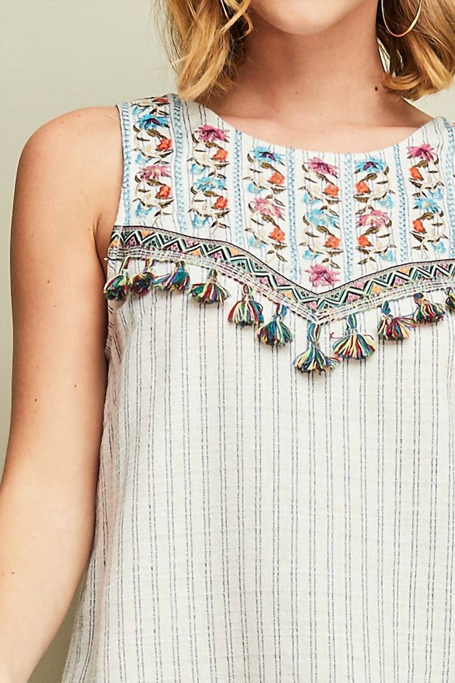 Entro - Embroidered Tassel Mini Dress