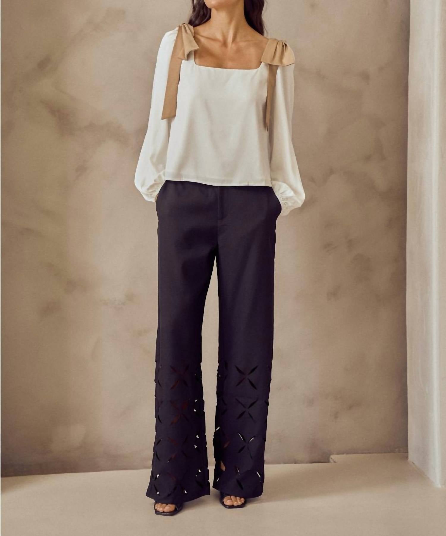 lalavon Laser Cut Wide Leg Pants in black - women's pants - detail view