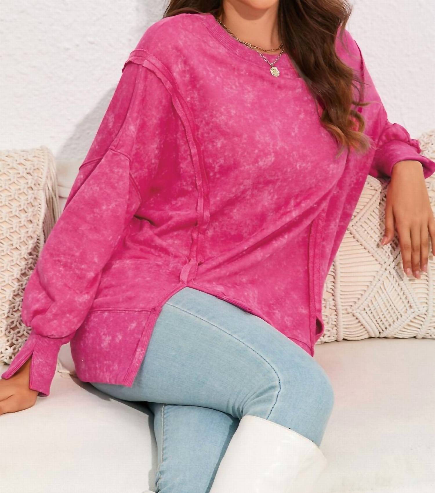 Shiying Fashion - Acid Wash Relaxed Fit Seamed Pullover Sweatshirt with Slits
