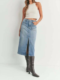 JUST BLACK DENIM Utility Midi Denim Skirt in medium wash - women's skirt - detail view
