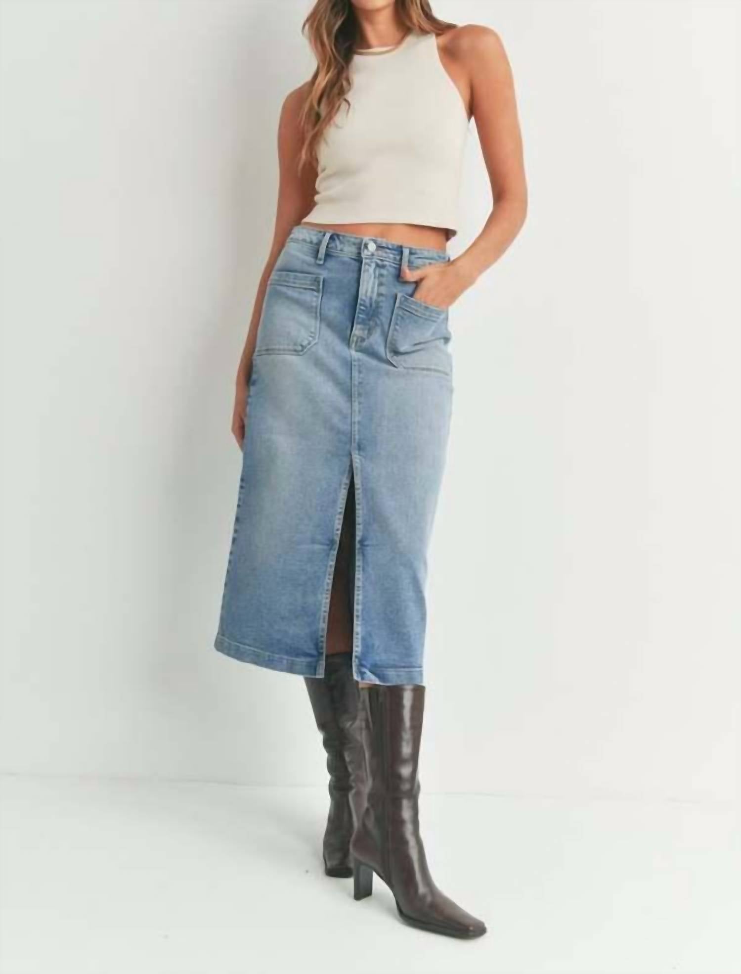 JUST BLACK DENIM Utility Midi Denim Skirt in medium wash - women's skirt - detail view