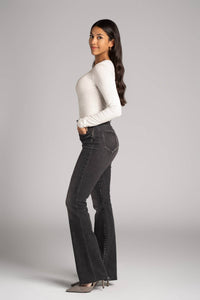 MAJESTIC FILATURES Soft Touch Merrow Edge Crewneck Tee in brume chine - women's long sleeve top - alternate view