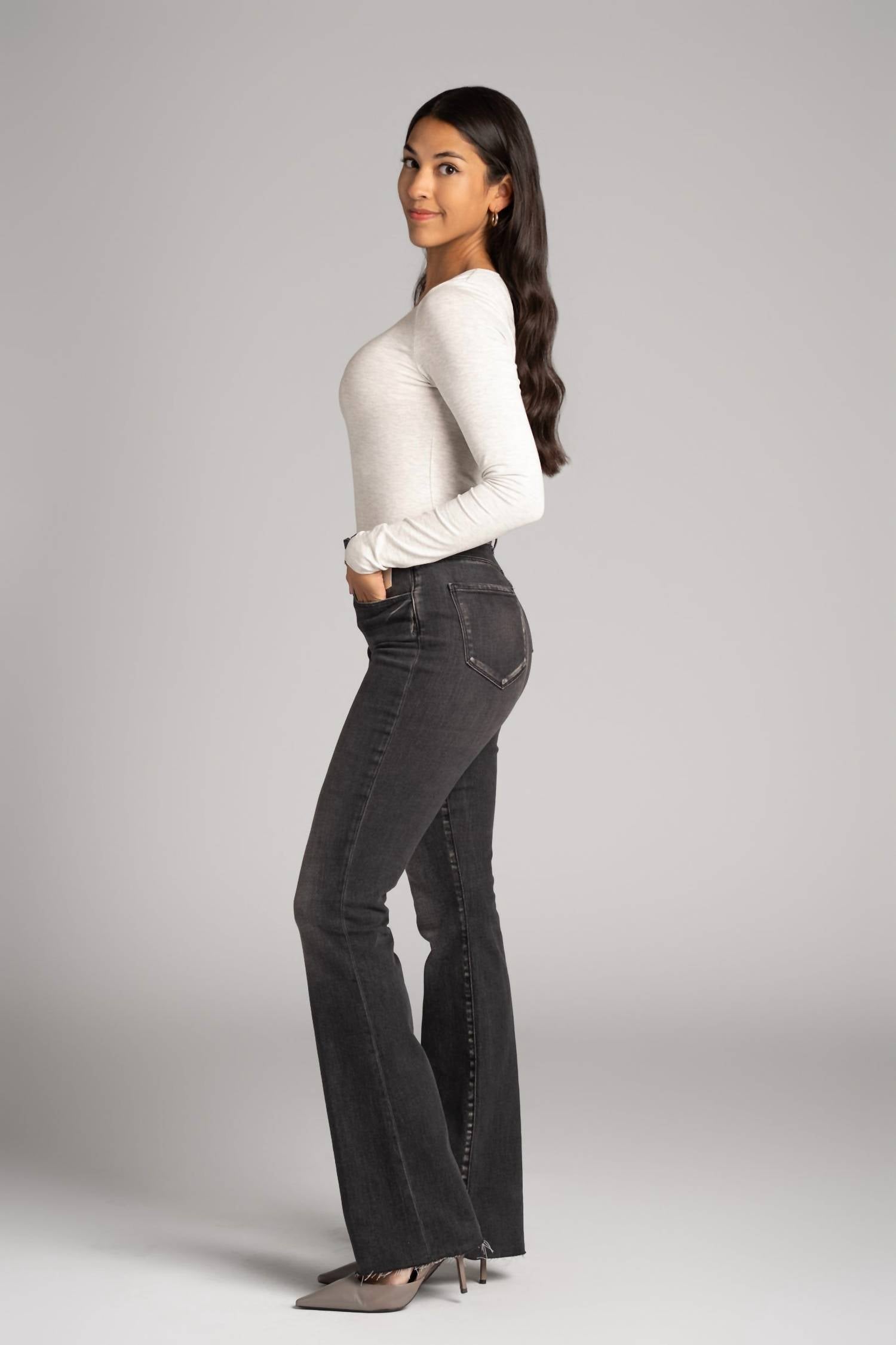 MAJESTIC FILATURES Soft Touch Merrow Edge Crewneck Tee in brume chine - women's long sleeve top - alternate view