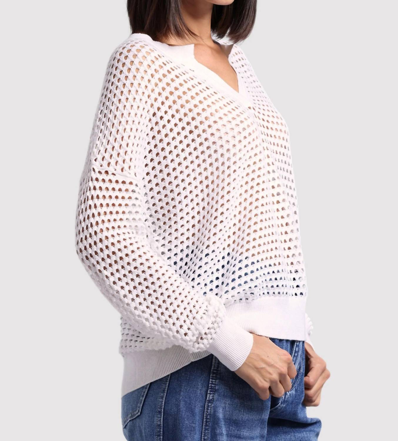 Minnie Rose - Mesh Split Neck Long Sleeve Top