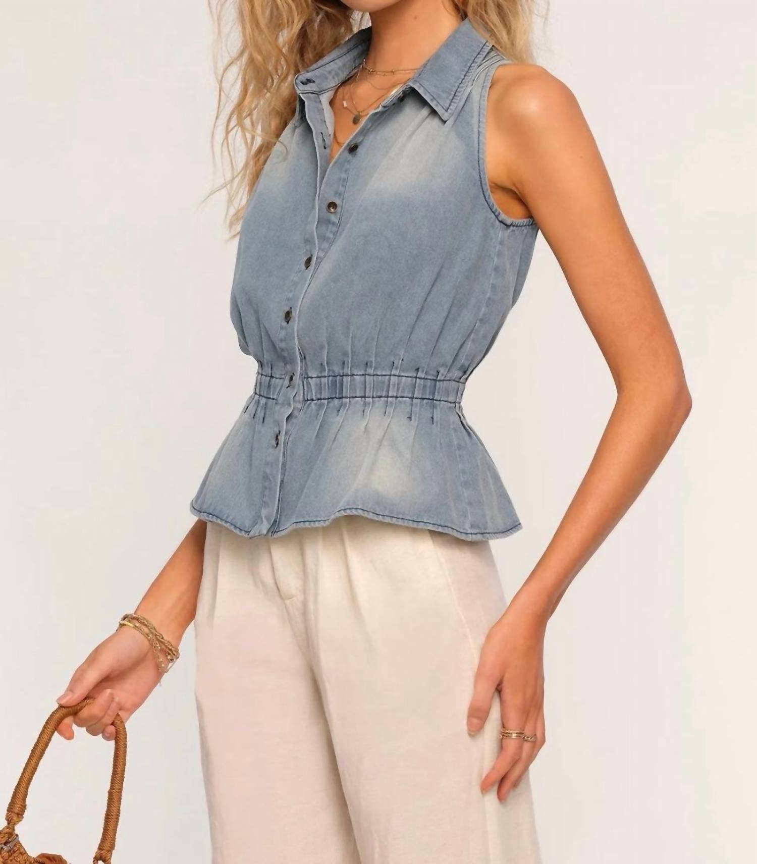 heartloom Zia Denim Sleeveless Blouse in sea - women's blouse - detail view