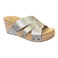 Corkys Footwear Women's Amuse Wedge Heel Sandal in gold - women's shoe