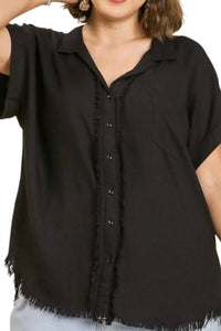 Umgee - Linen Button Front Fray Hem Top - Plus