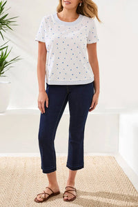Tribal - Embroidered Polka Dot Quarter Sleeve Knit Top