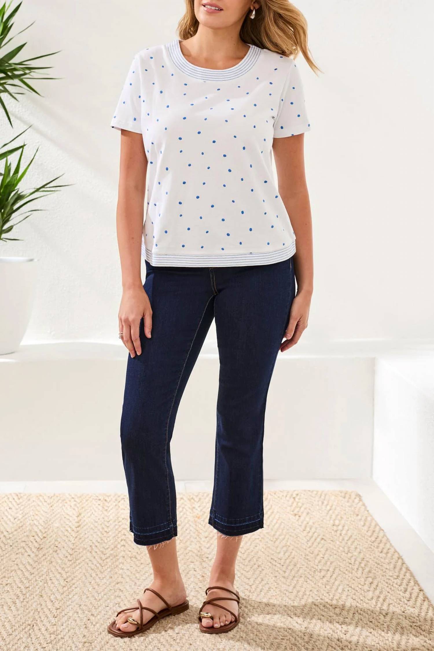 Tribal - Embroidered Polka Dot Quarter Sleeve Knit Top