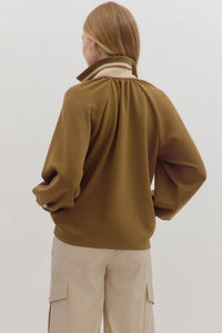entro Half Zip Knit Top With Striped Rib Trim in olive - women's jacket - detail view