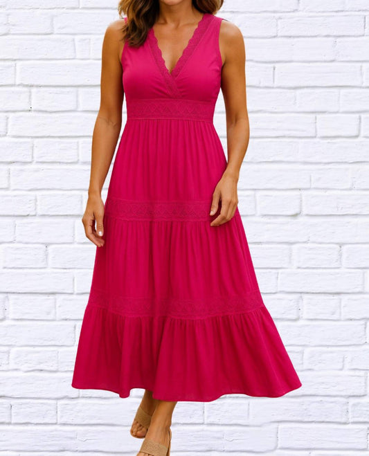 Davi & Dani - Lace Trip Ruffle V-neck Maxi Dress