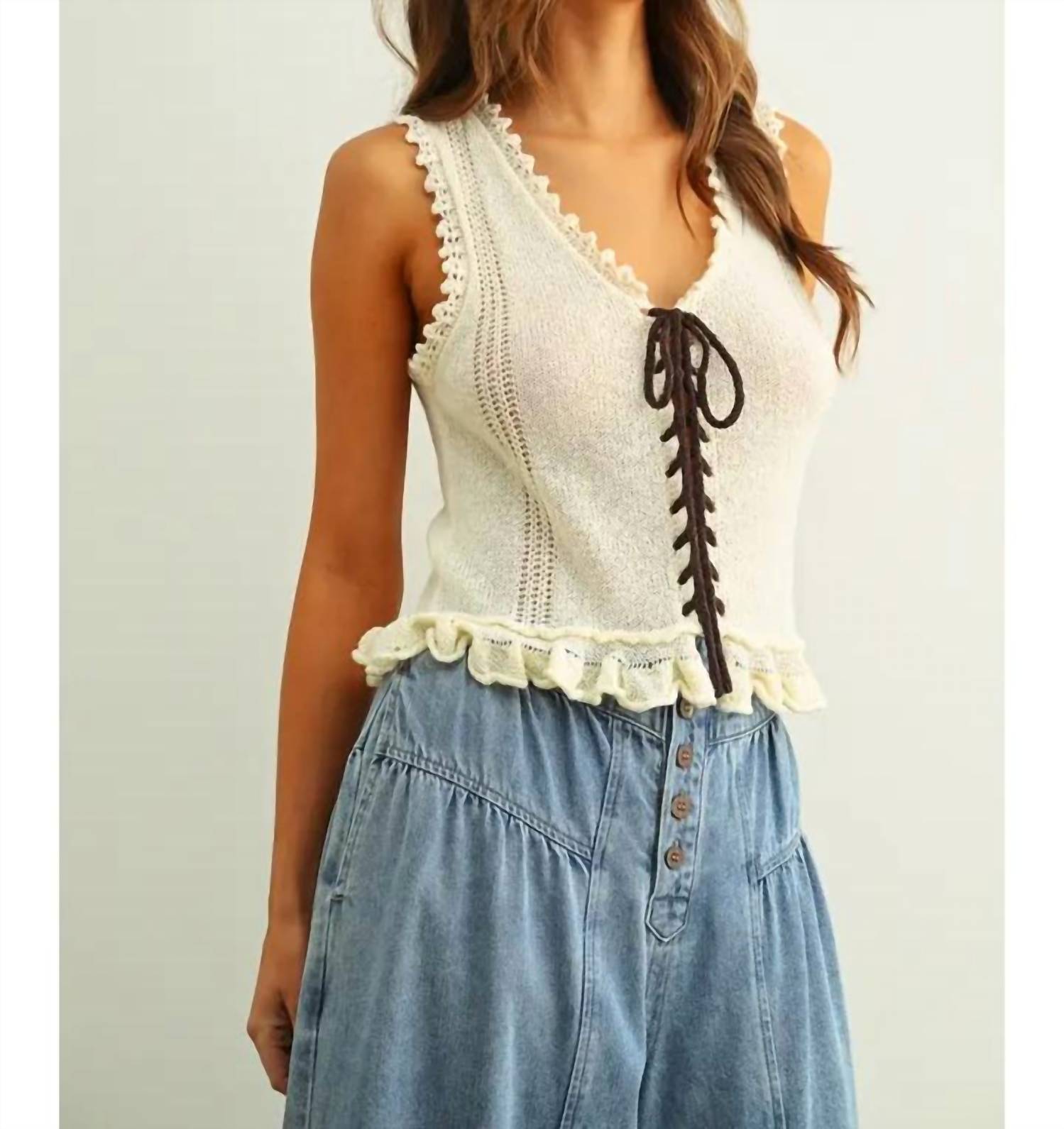 Miou Muse - Lace Up Front Knit Top with Ruffled Hem