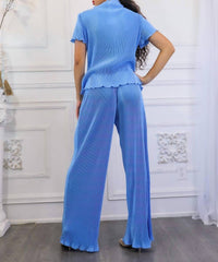 Surelymine - Pleated Mock Neck Short Sleeves Pant Set