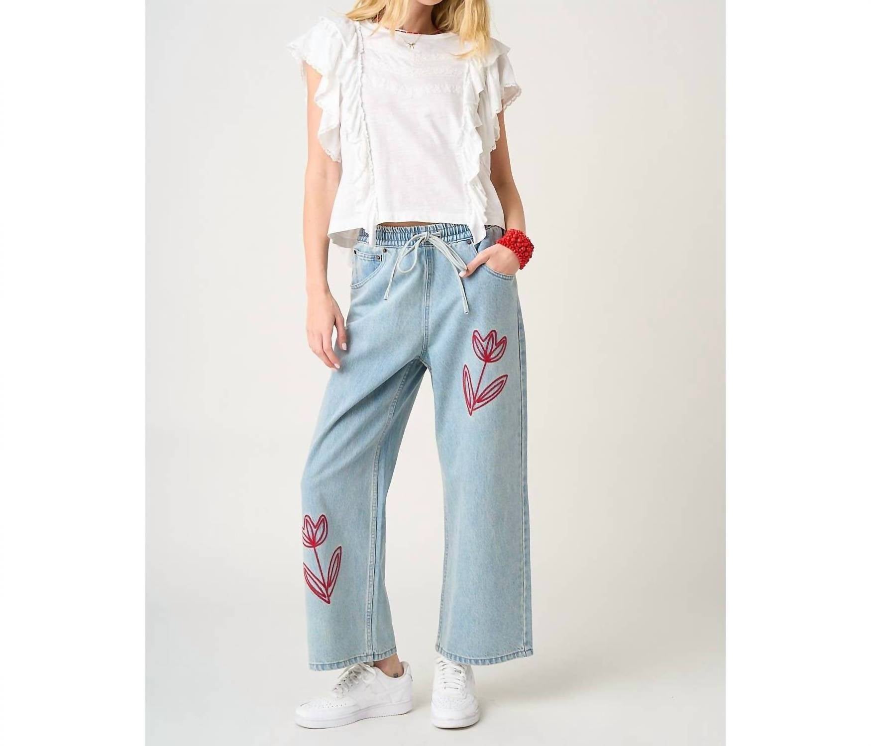 mittoshop Ainsley Tulip Embroidery Wide Leg Jeans in light wash - women's jeans - view 4