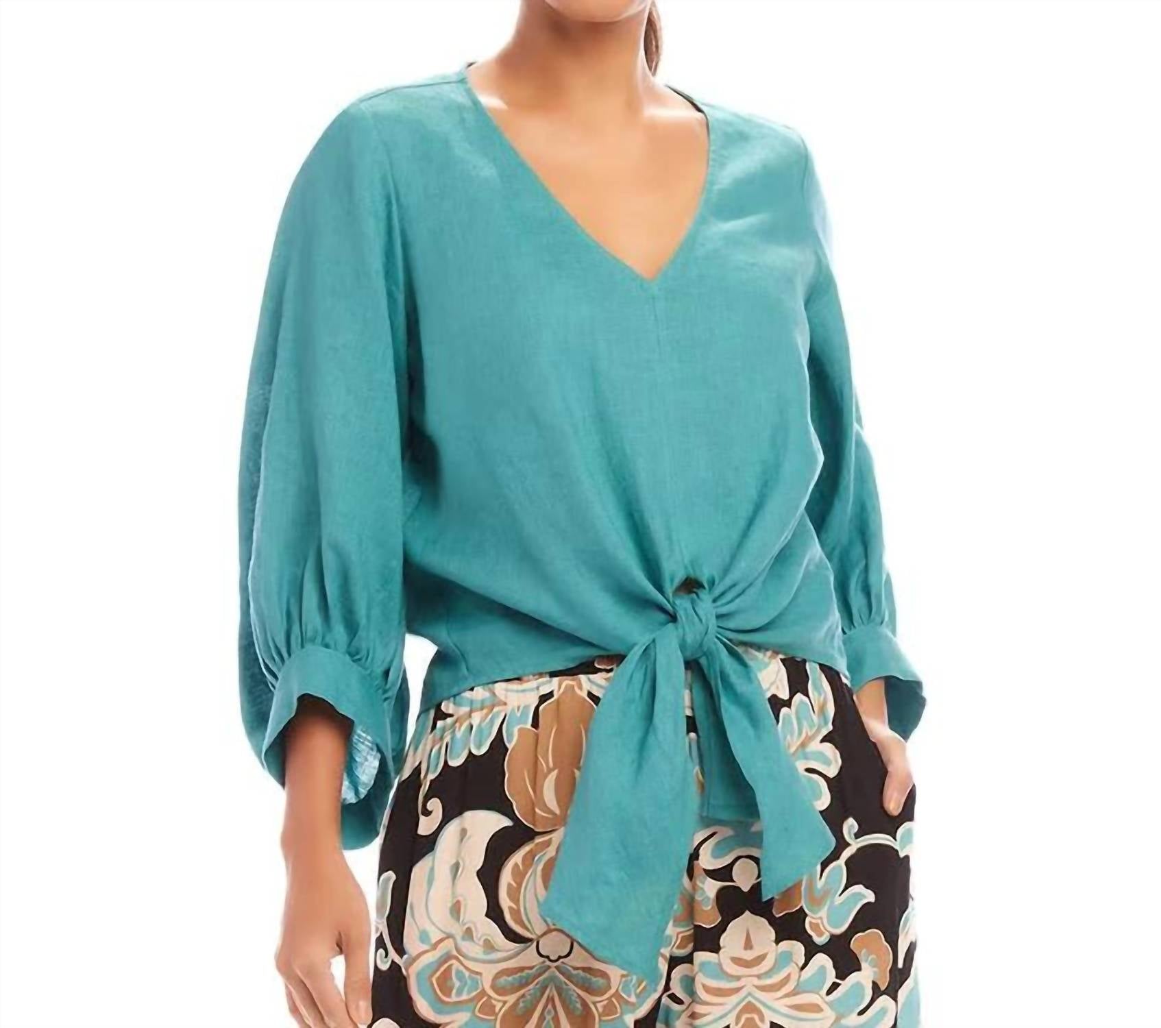 Karen Kane Bobbi Blouson Sleeve Linen Tie-front Top in aqua - women's blouse