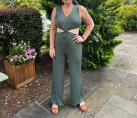 Entro - Solid Ribbed V-Neck Sleeveless Jumpsuit