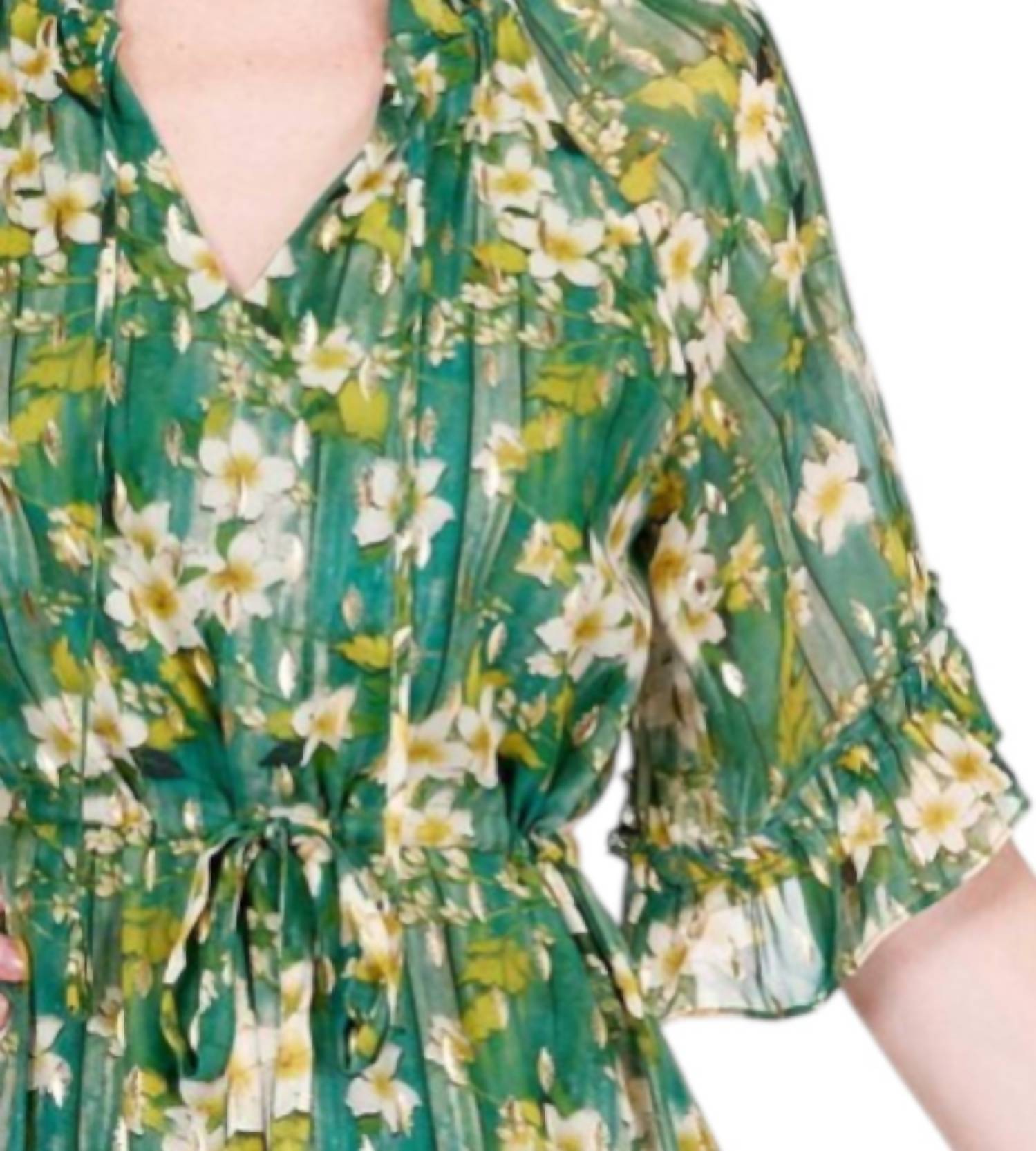 Jade Melody Tam - Ruffles Cinched Waist Maxi Dress