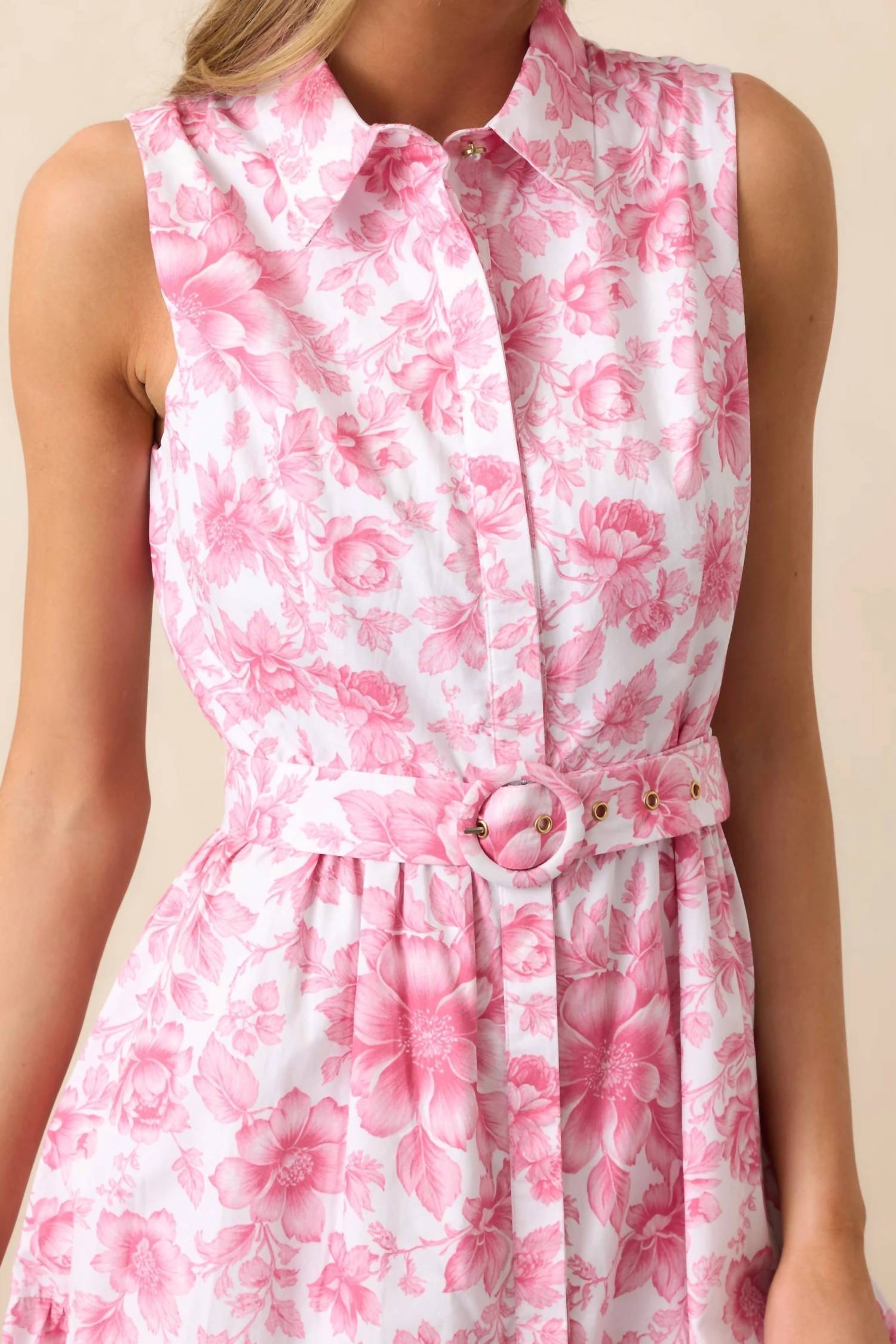 Prosperina Cara La France Dianthus Maxi Dress in pink floral - women's dress - detail view