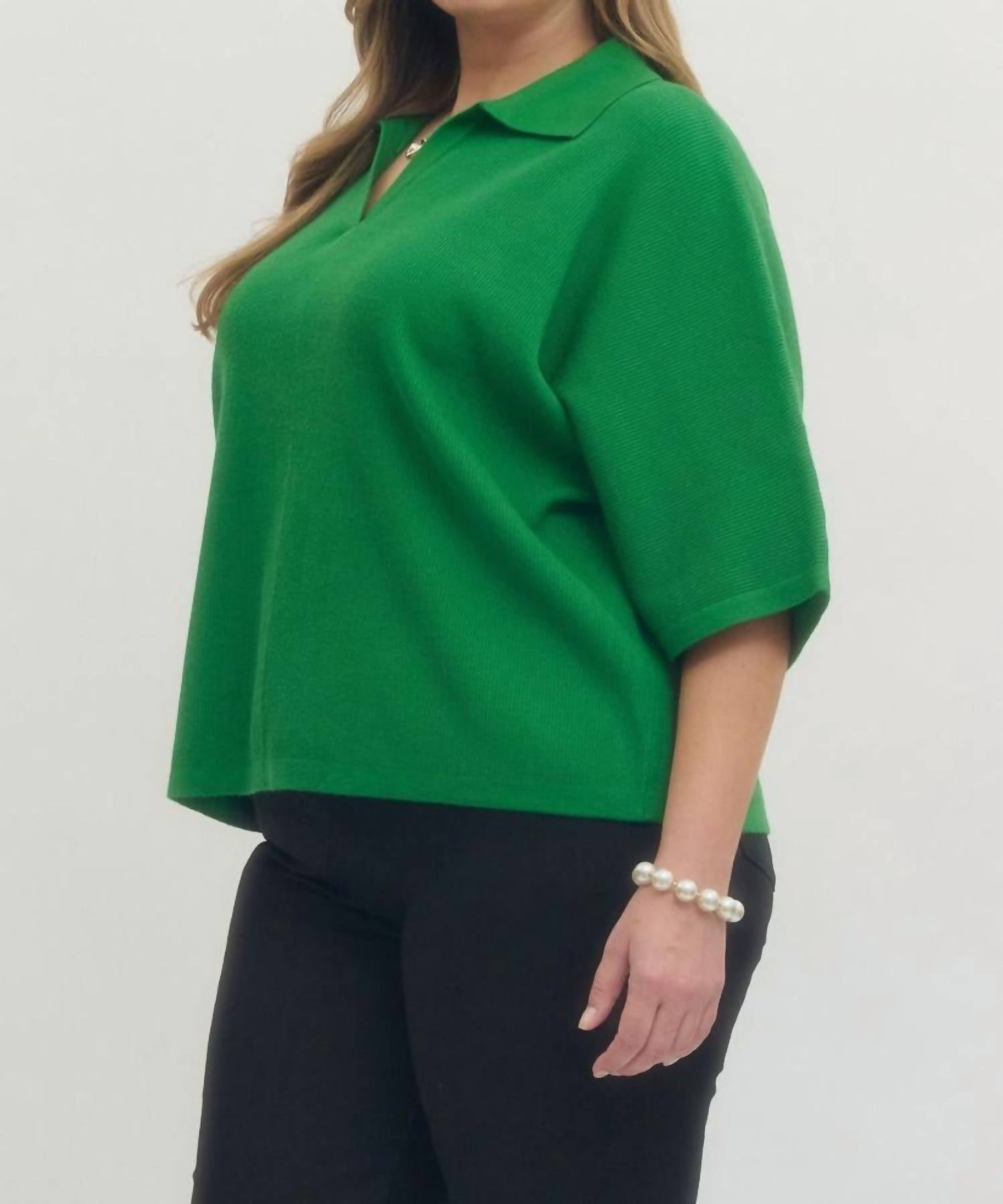 entro Solid V-neck Collared Top in green - women's blouse - detail view