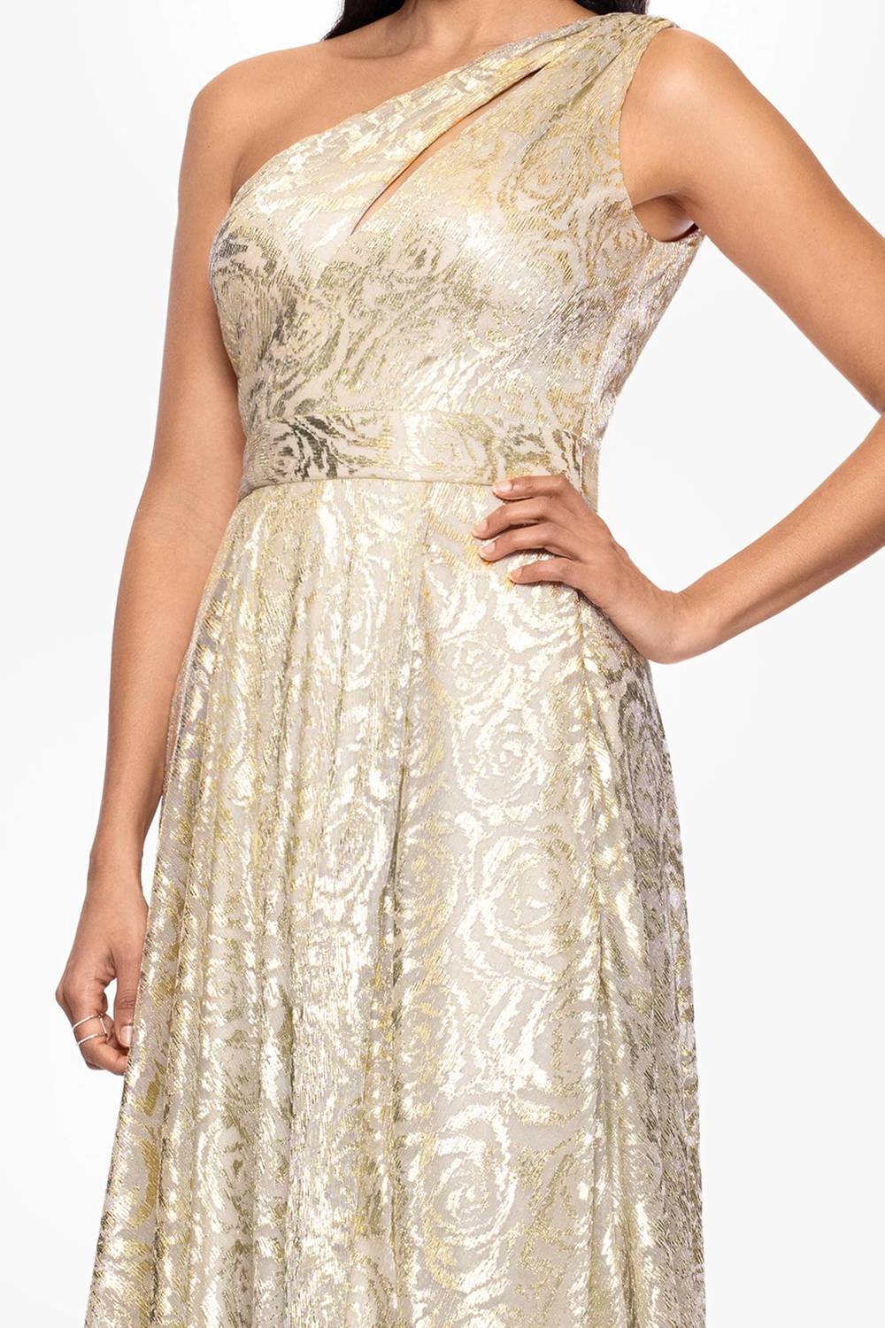 Betsy & Adam - One-shoulder Wrap Foil Floral Gown