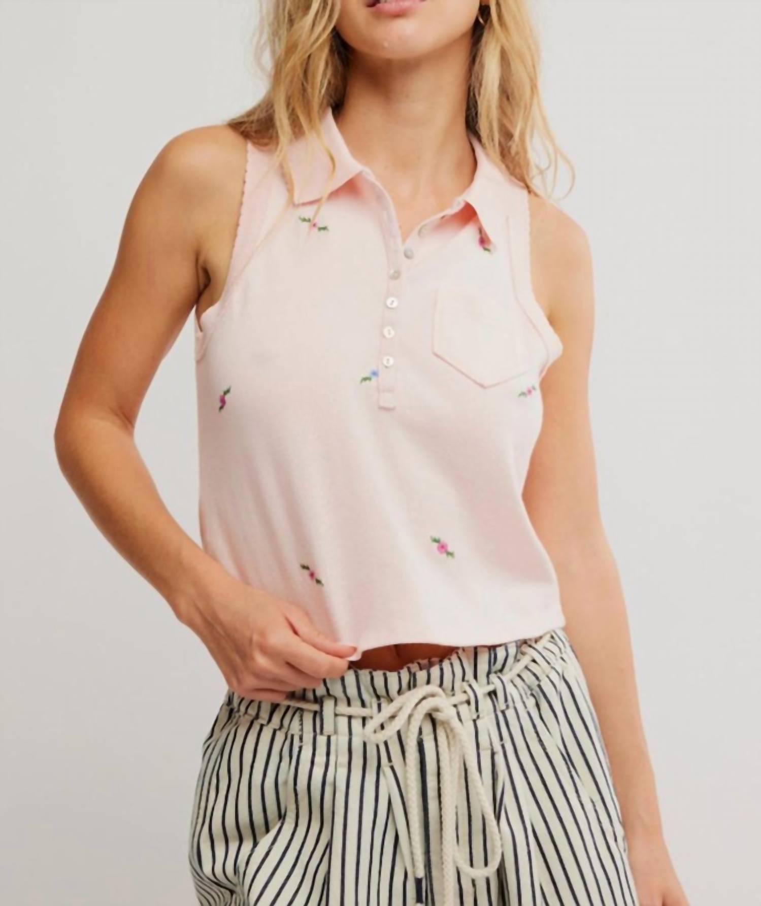 Free People Women's Pepper Collared Floral Polo in pink - women's tank top