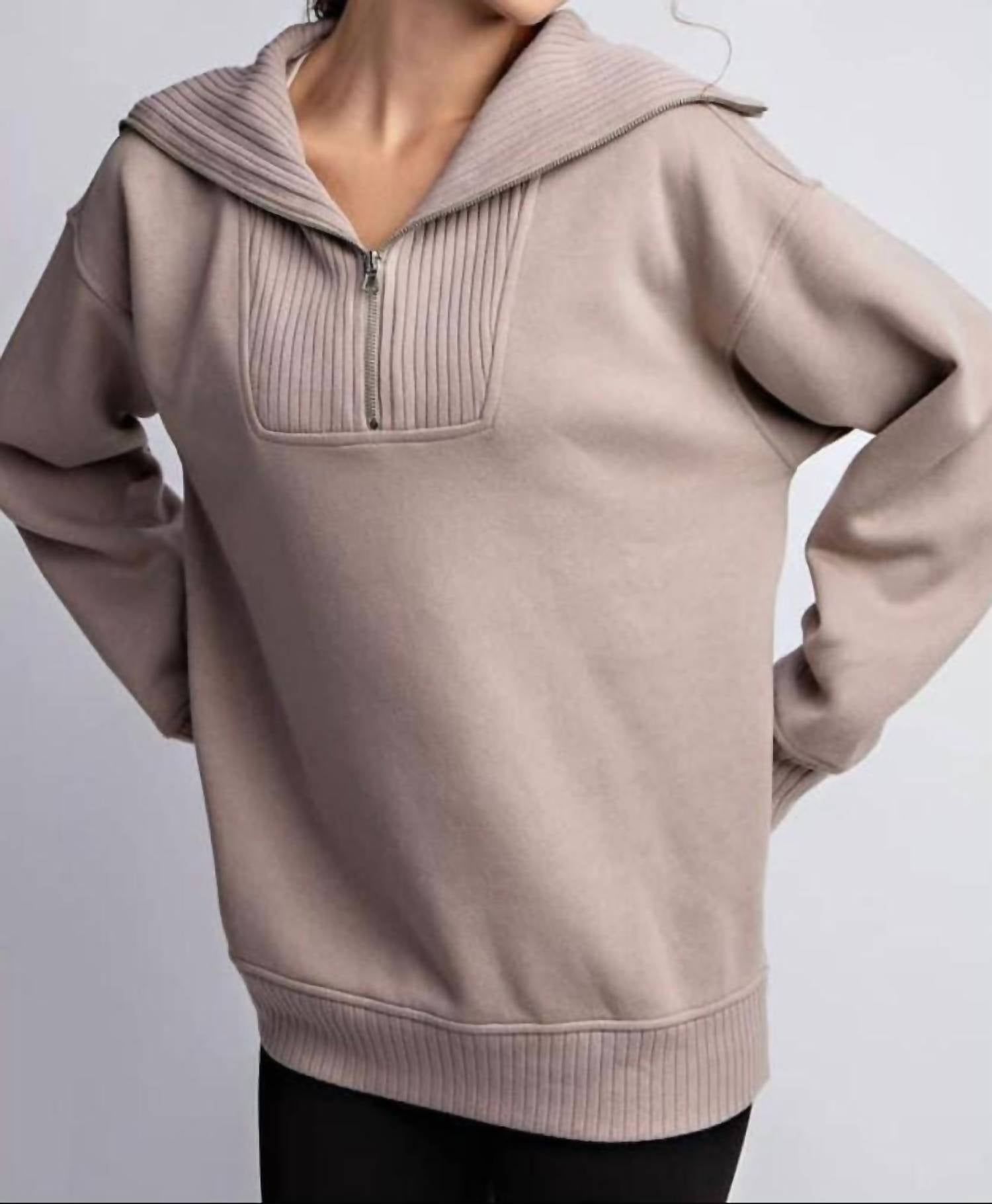 RAE MODE French Terry Fleece Ribbed Mock Neck Pullover Top in taupe - women's long sleeve top