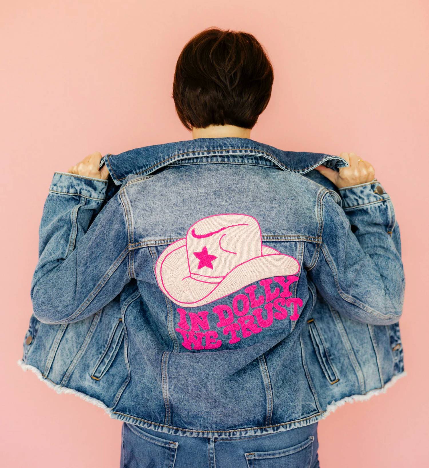 Tiana Designs - In Dolly We Trust Cropped Denim Jacket