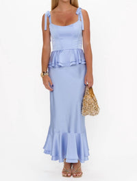 Show Me Your Mumu Pauline Peplum Dress in borrowed blue luxe satin - women's dress