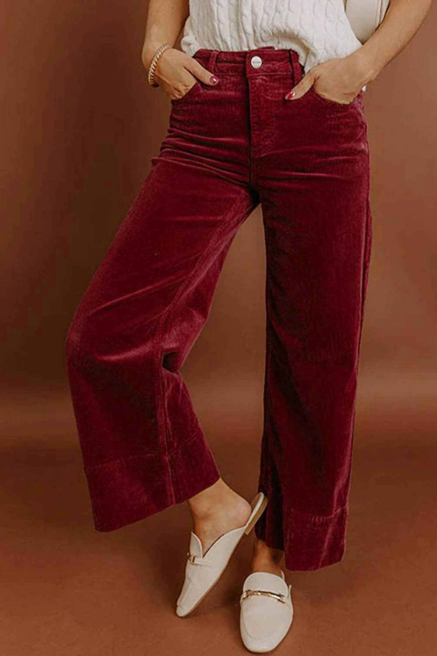 66DISCO Corduroy High Waist Wide Leg Pants in burgundy - women's jeans - view 4