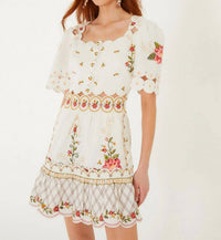 Farm Rio - Flower Embroidery Scalloped Mini Dress