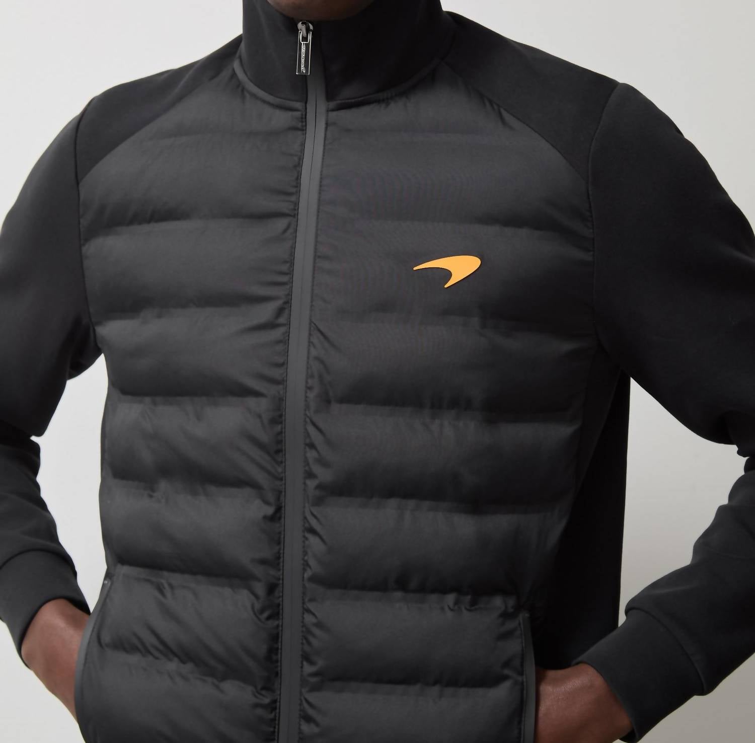 Reiss Mclaren F1 Team Quilted Hybrid Jacket in black - men's jacket - detail view
