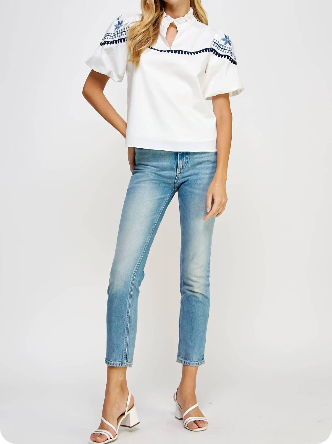 Strut & Bolt - Embroidered Puff Sleeve Top