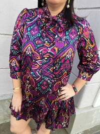 Fate - Abstract Print Tie Neck Ruffle Dress