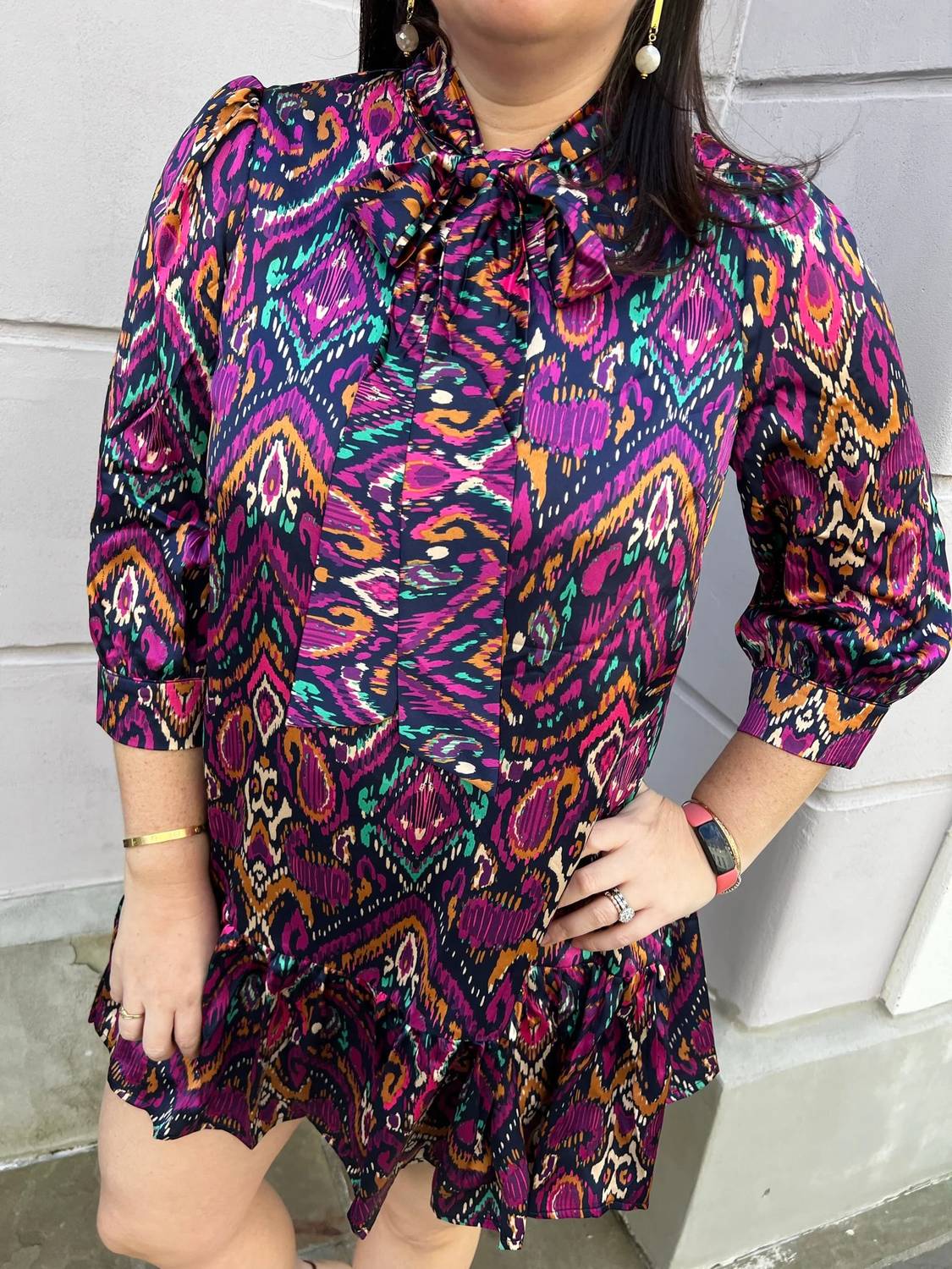 Fate - Abstract Print Tie Neck Ruffle Dress