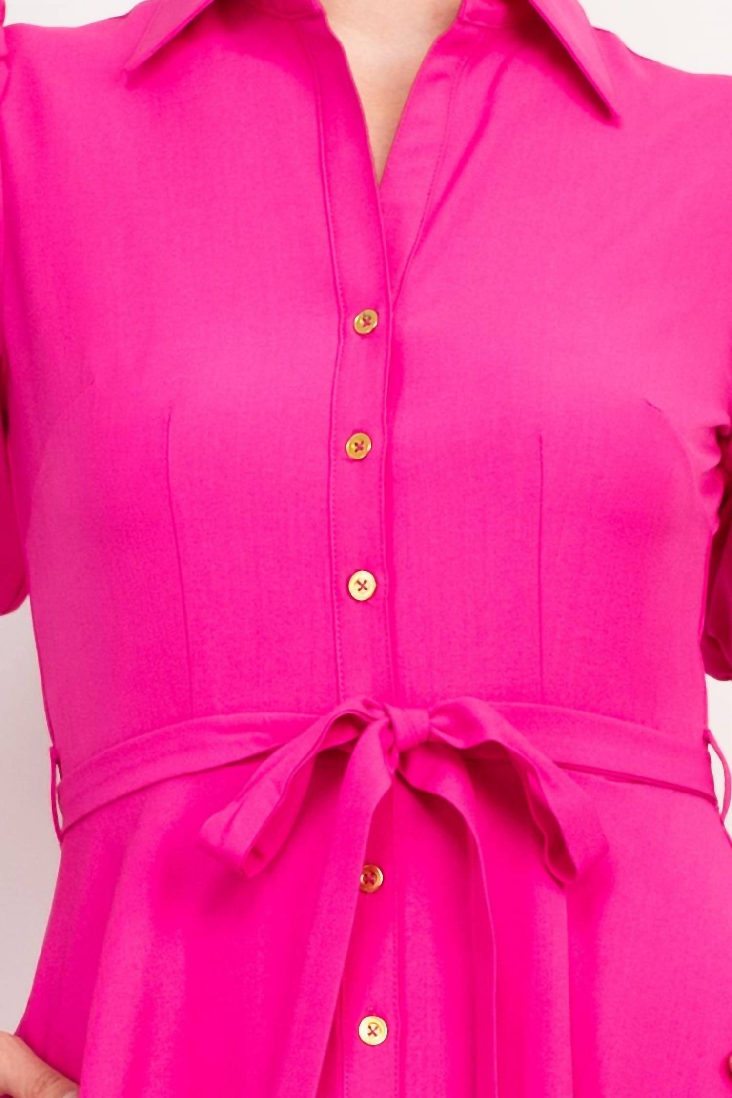 Sharagano - Collared Short Sleeve Button Front Dress With Pockets