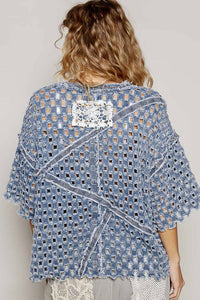 POL Distressed Open Knit Denim Top in light blue - women's t-shirt - detail view