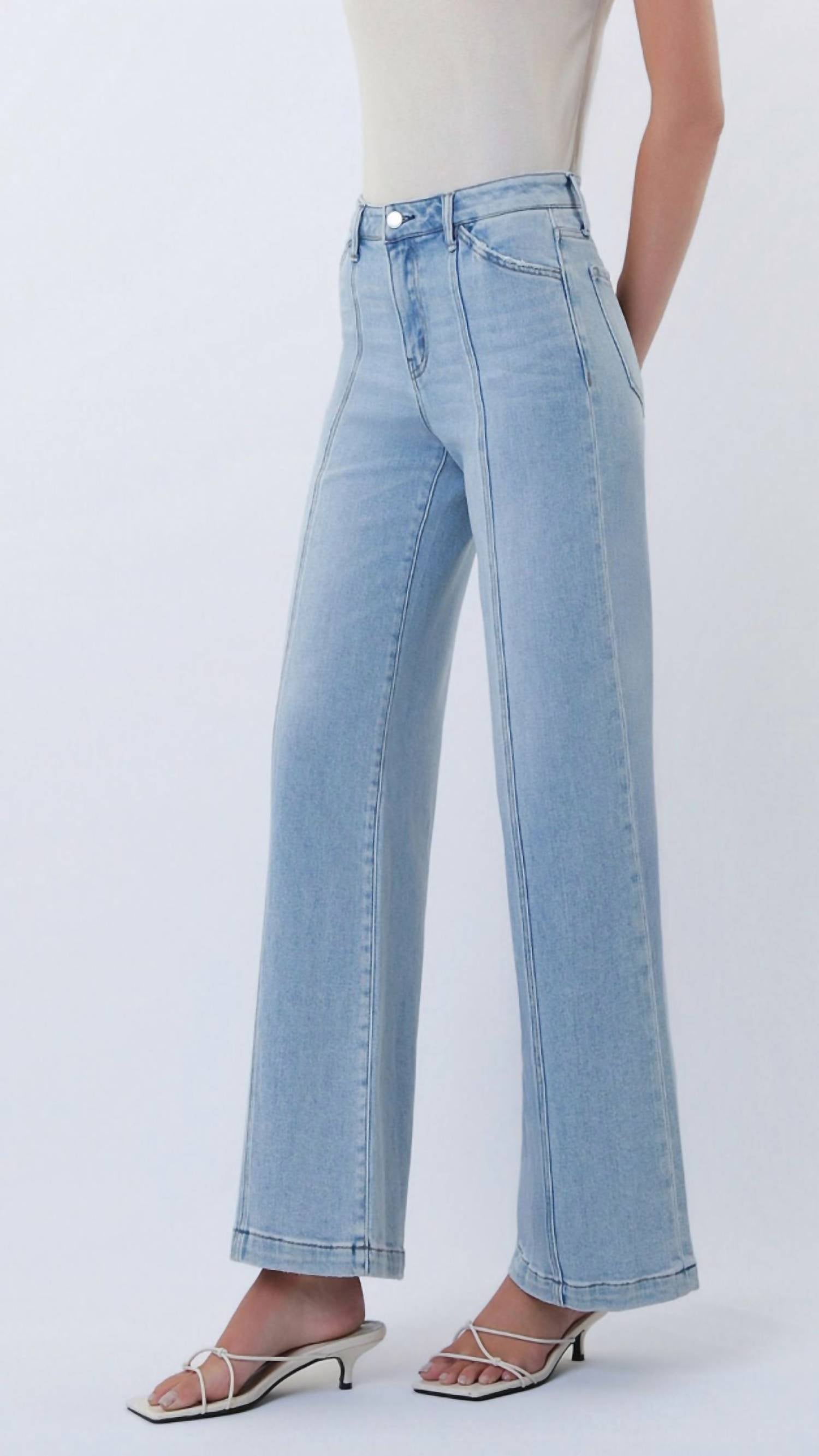 FLYING MONKEY High Rise Full Length Cut Seam Detail Wide Jeans in light wash - women's pants - detail view