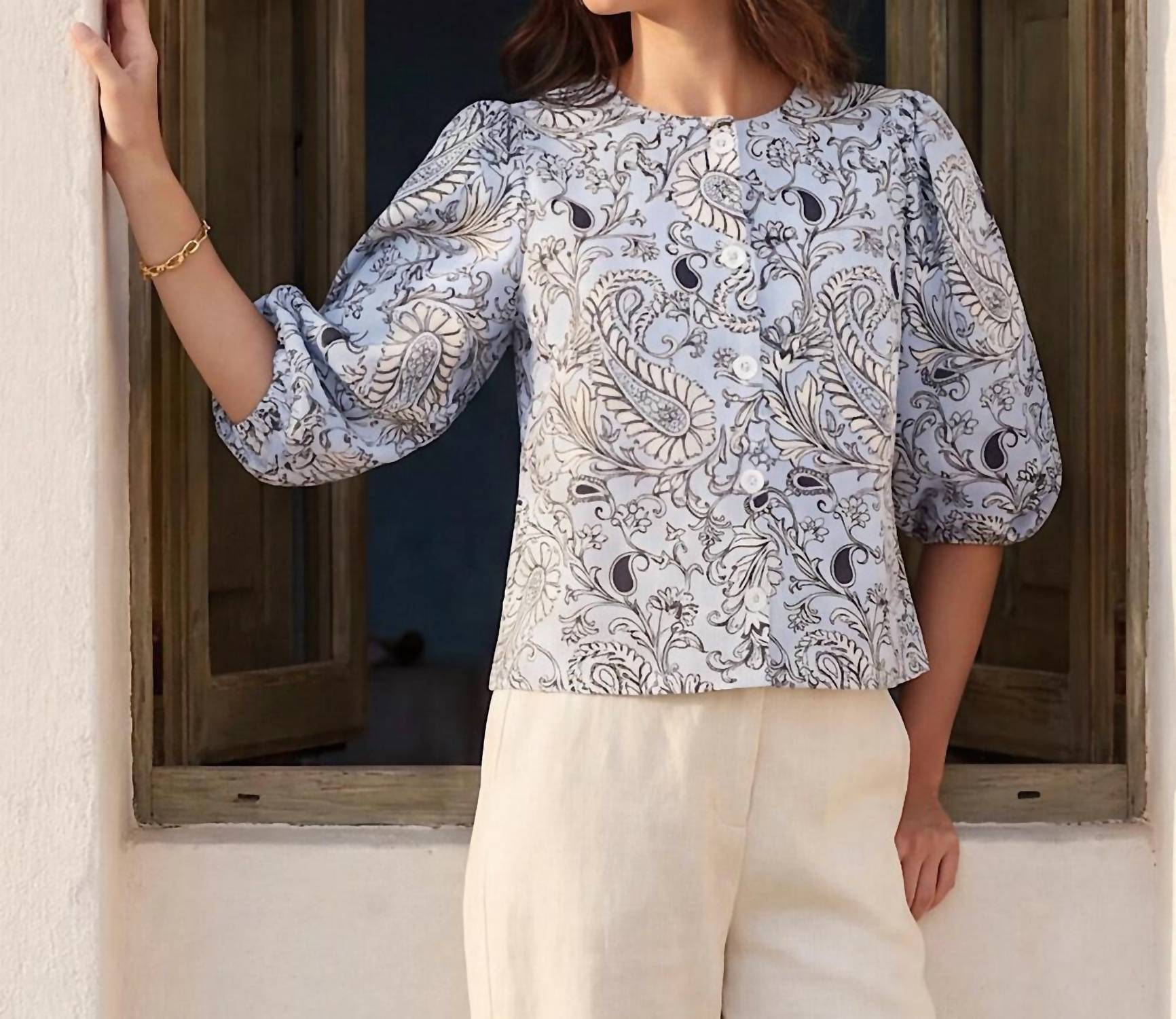 Karen Kane - Puff Sleeve Button Front Top