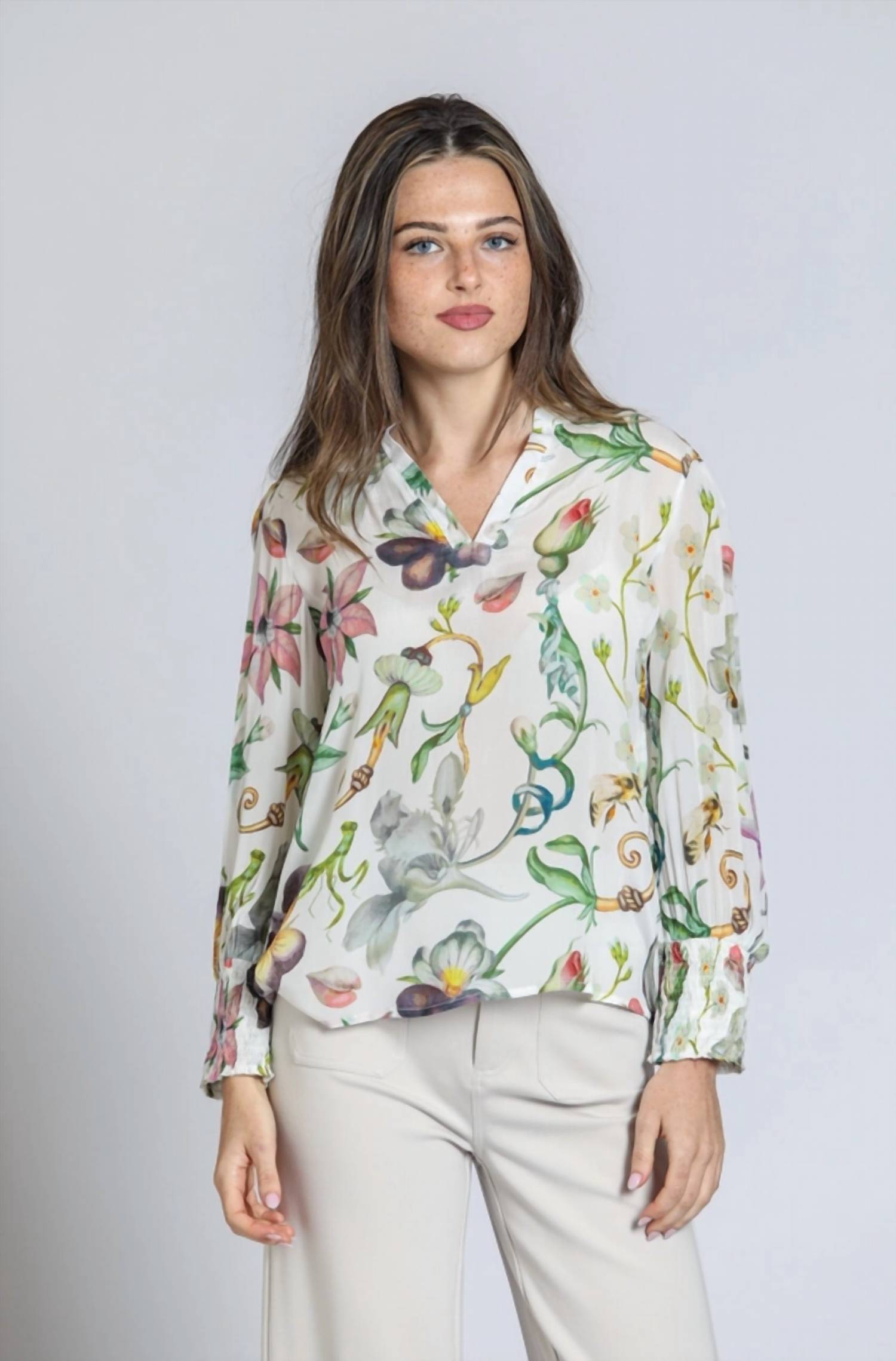 Apny - Split Neck With Smock Cuff Top