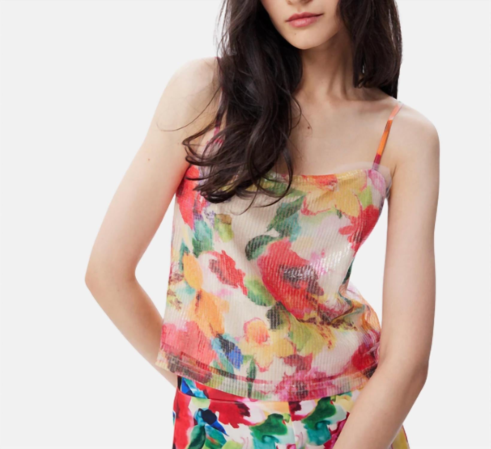 THEO the Label Theia Flower Print Sequin Tank Top in mandarine - women's tank top
