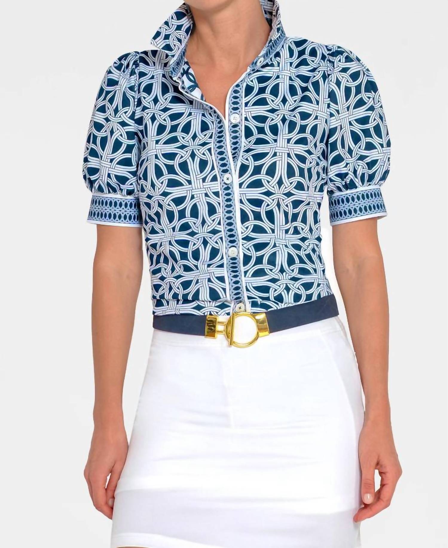 GRETCHEN SCOTT Puff Sleeve Jersey Top Ring Toss in navy - women's blouse