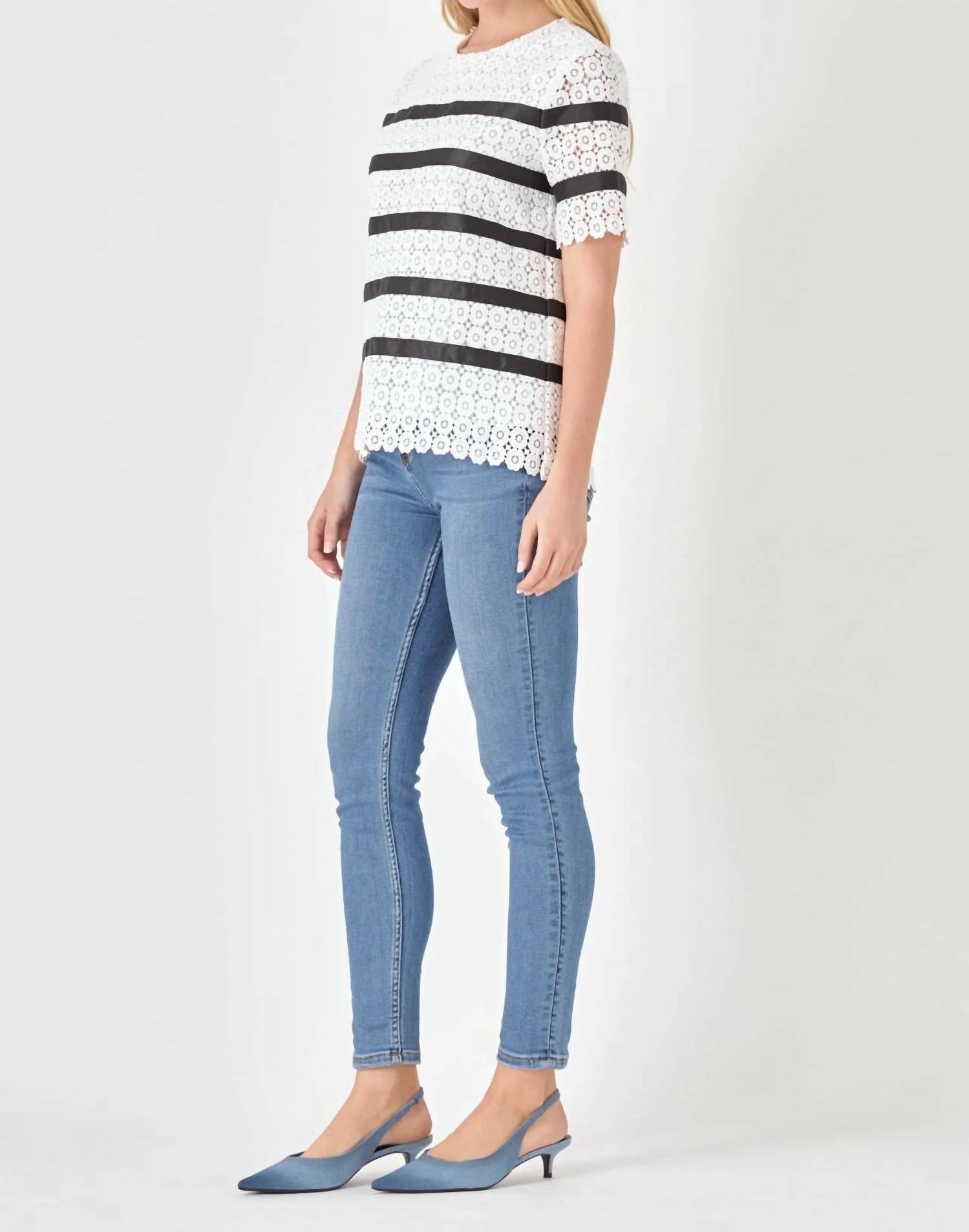 English Factory - Lace Short Sleeve Striped Top
