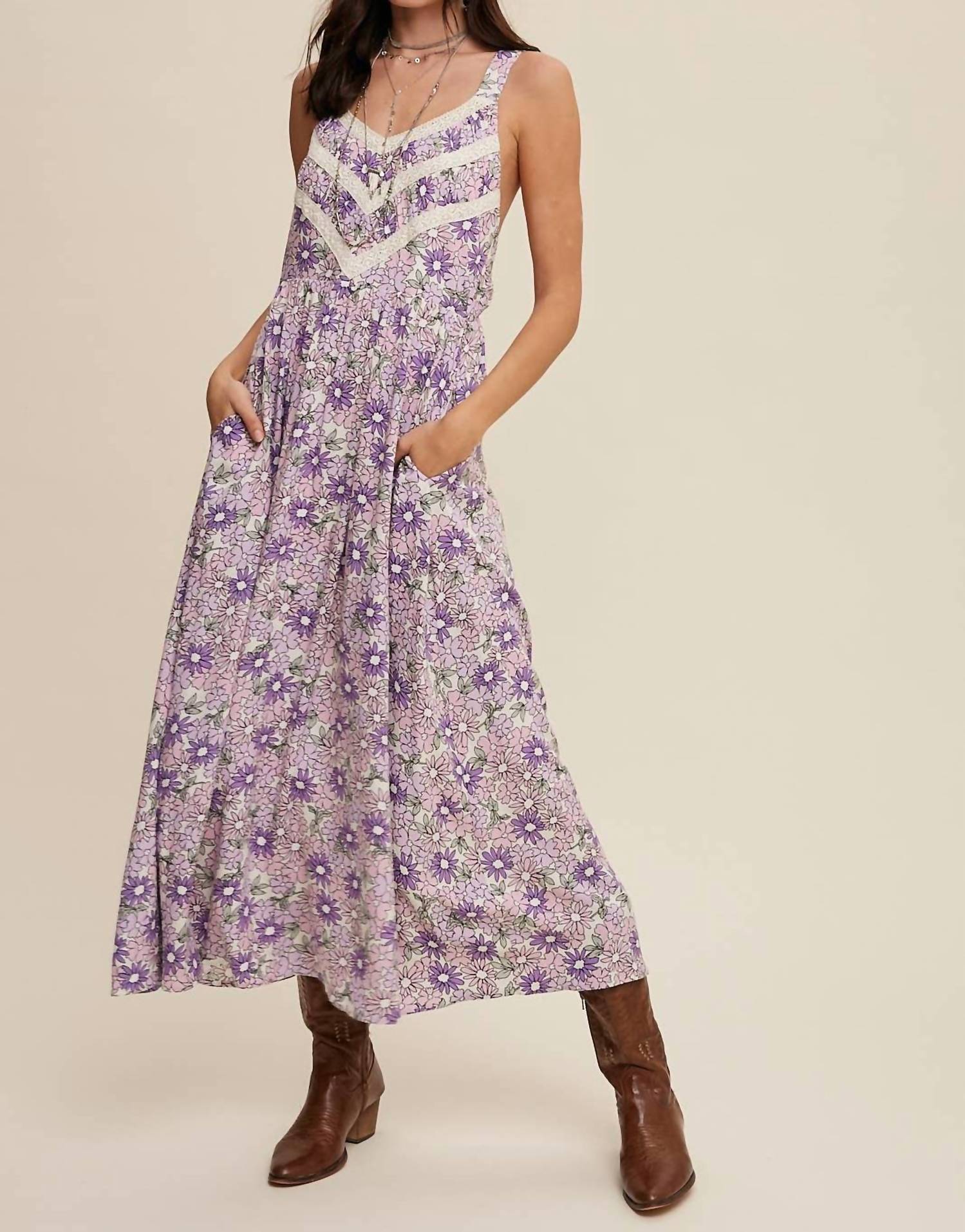 Listicle - Floral Lace Trim Maxi Dress