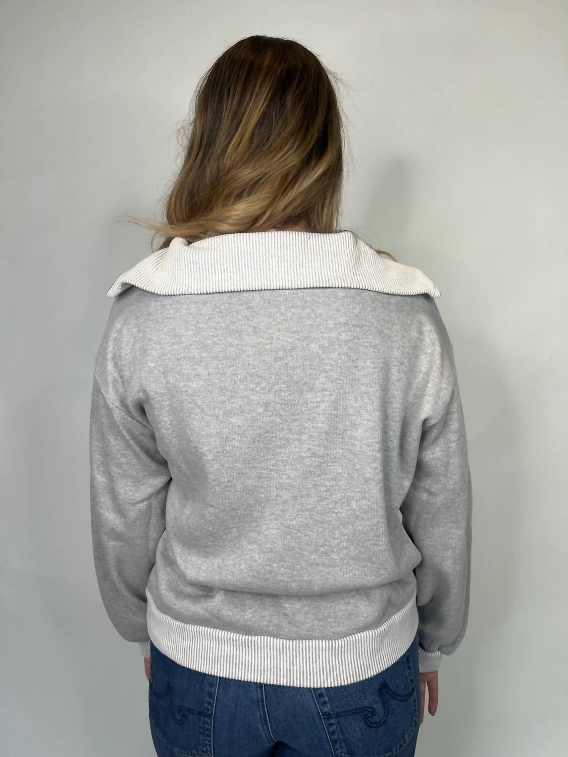 Bella Dahl Mix Knit Henley Zip Sweatshirt in grey - women's top - detail view