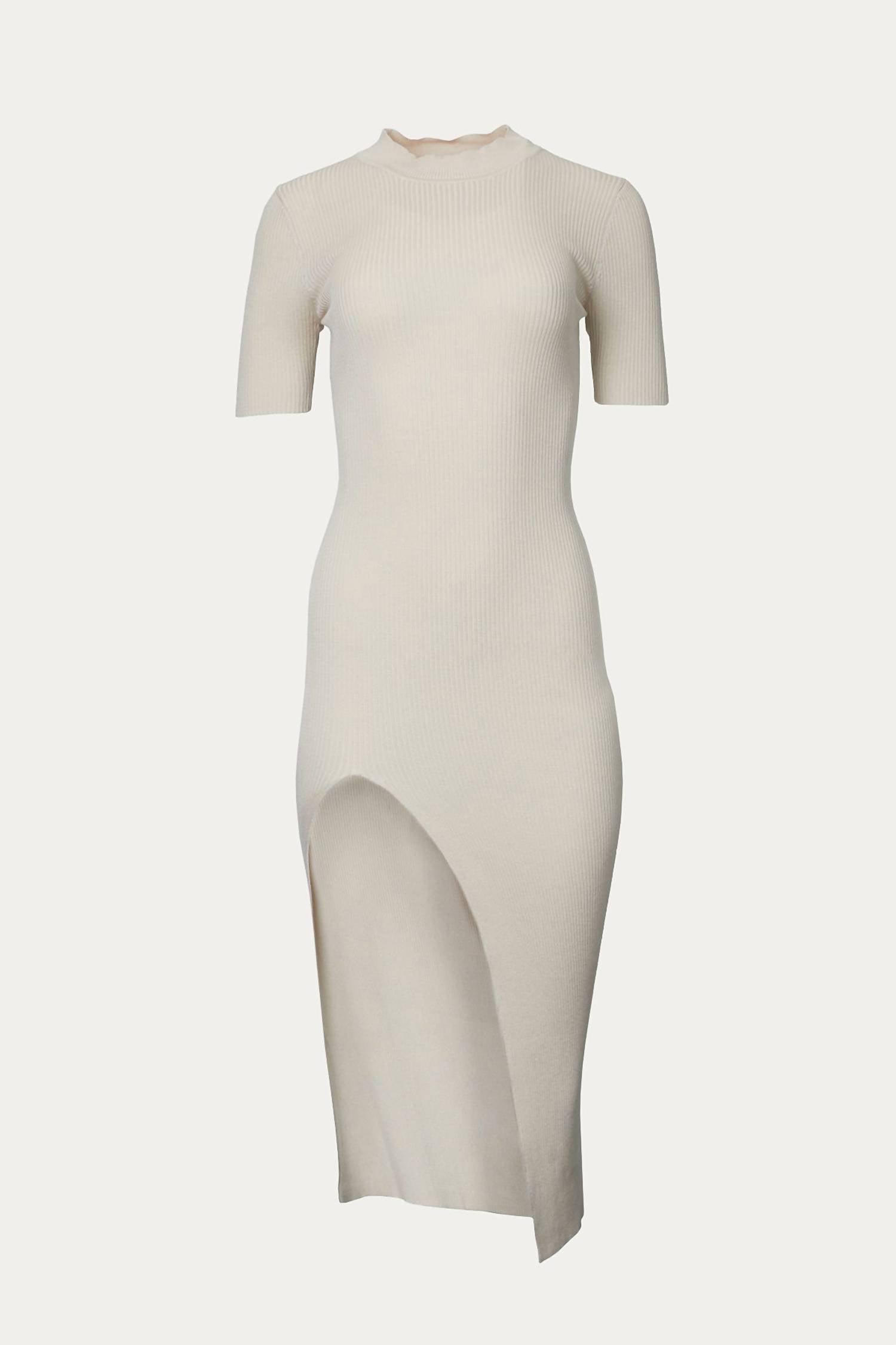 RIBBED MIDI DRESS WITH FRONT SLIT