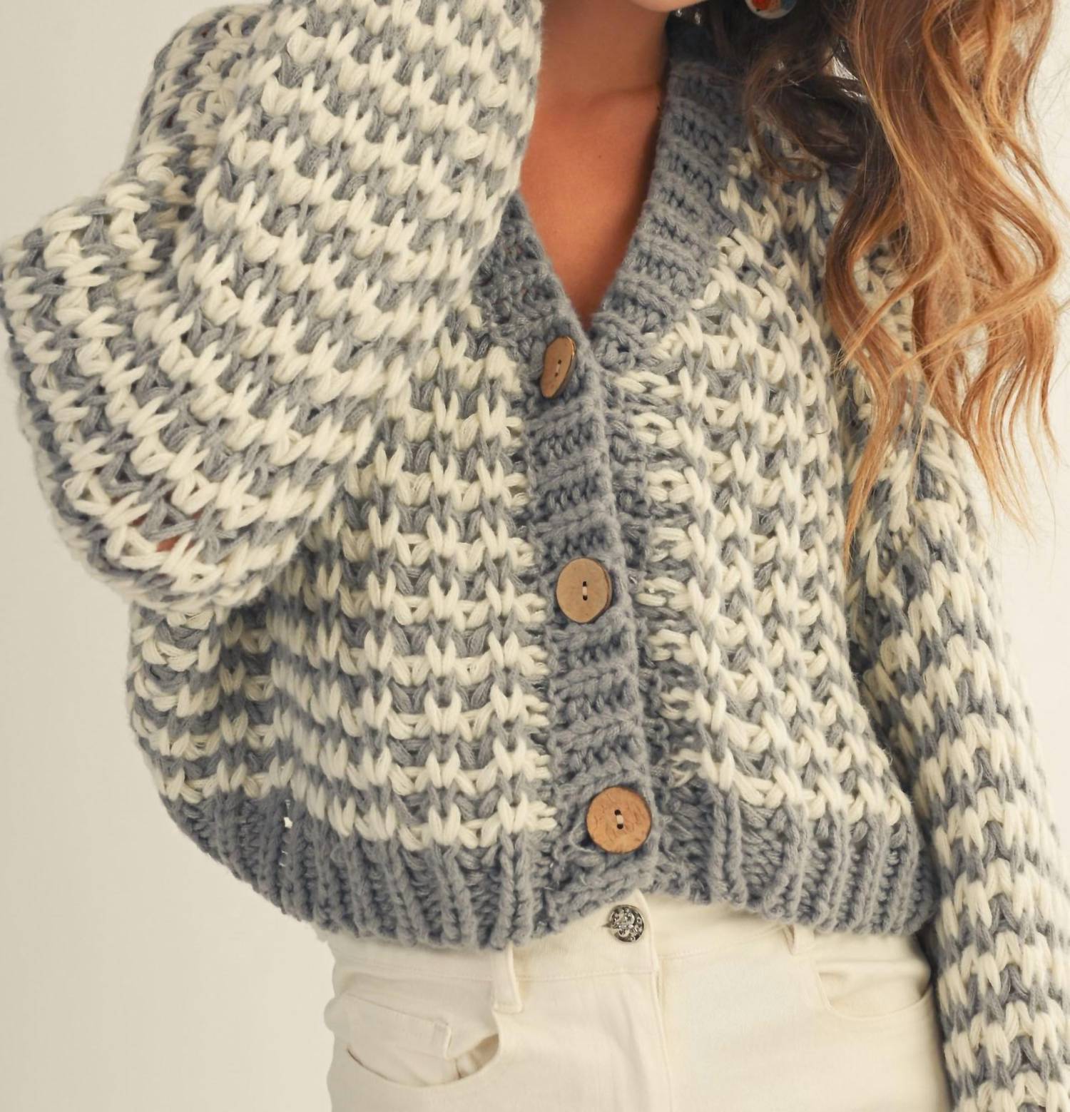 LovLov Vintage Chunky Ribbed Knit Cardigan in grey white - women's cardigan - view 4