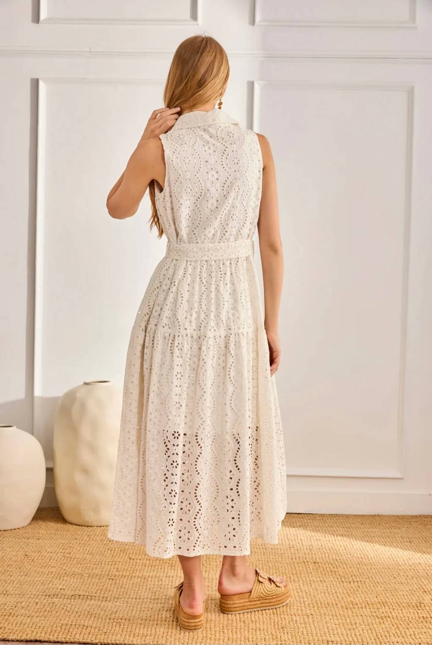 Nekane - Sleeveless Long Cotton Dress With Swiss Embroidery